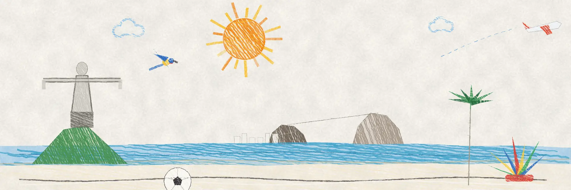 Illustrated Rio de Janeiro scene with Christ the Redeemer, Sugarloaf Mountain, the beach and a football